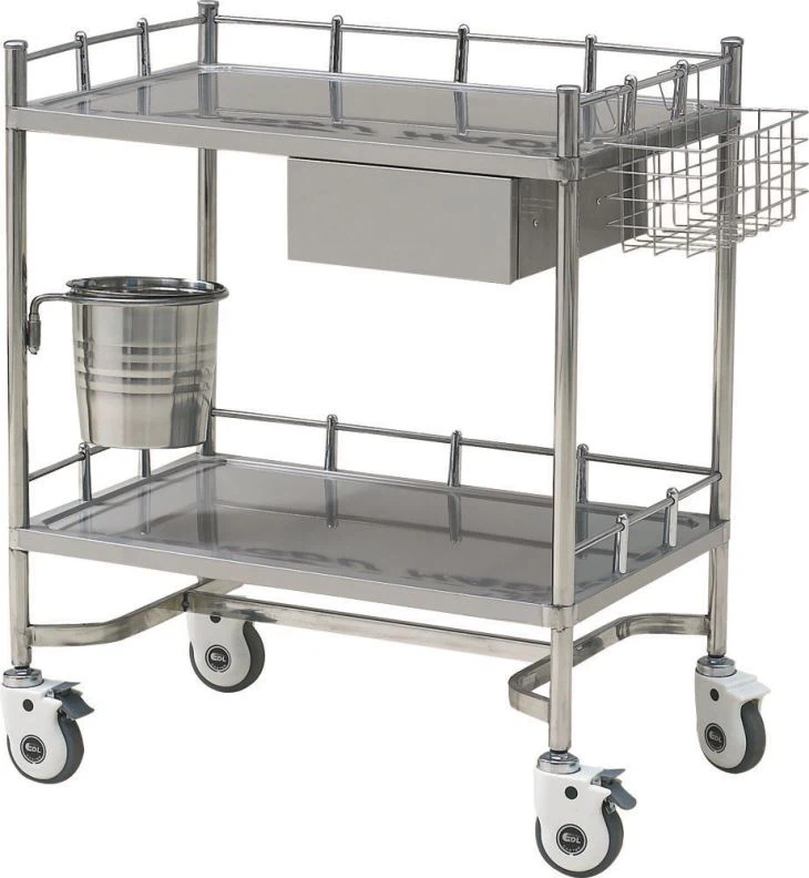 Stainless steel hospital trolley with three wire mesh shelves, a side basket, and a bucket holder, featuring a durable bridge-type structure and adjustable height for medical environments.